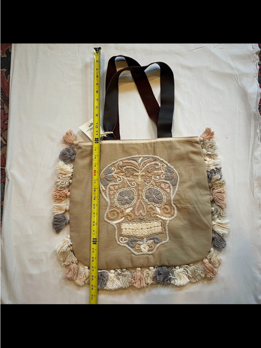 La Troupe Tulum Skull Tassel Tote Bag Bolso Calaca Verde Bordado Y - Picture 5 of 14